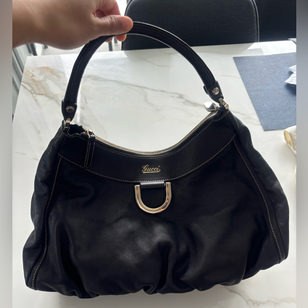 Authentic Gucci abbey d-ring shoulder bag brown leather with gold hardware